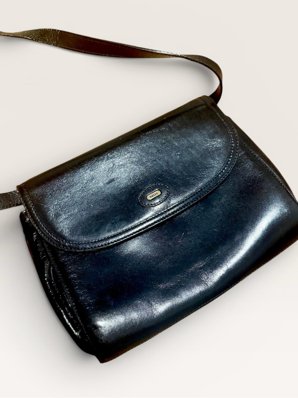 Bally Black Leather Shoulder or crossbody Bag with Brass Logo Plate